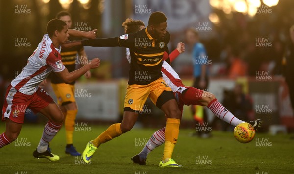 010119 - Stevenage v Newport County - SkyBet League 2 - Jamille Matt of Newport County is tackled by Luther Wildin and Arthur Iontton of Stevenage