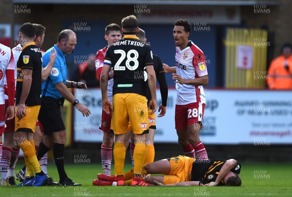 010119 - Stevenage v Newport County - SkyBet League 2 - Kurtis Guthrie (28) of Stevenage is shown a red card after a tackle on Fraser Franks of Newport County