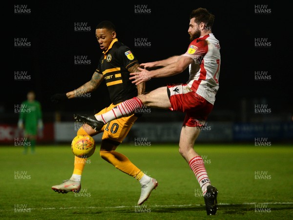 010119 - Stevenage v Newport County - SkyBet League 2 - Keanu Marsh-Brown of Newport County is tackled by Danny Newton of Stevenage
