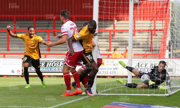 050817 - Stevenage v Newport County, Sky Bet League 2 - Frank Nouble of Newport County wheels away to celebrate after turns the ball into the net to score goal