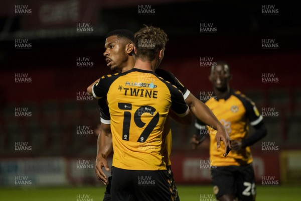 201020 - Stevenage v Newport County - Sky Bet League 2 - Tristan Abrahams of Newport County celebrates scoring his side's penalty with Scott Twine