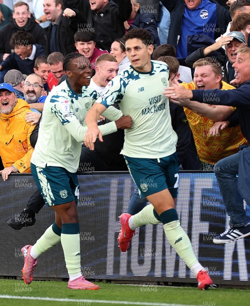 130925 - Stockport County v Cardiff City - Sky Bet League 1 - Yousef Saleh of Cardiff celebrates scoring the equaliser in the last seconds of the match with Ronan Kpakio of Cardiff