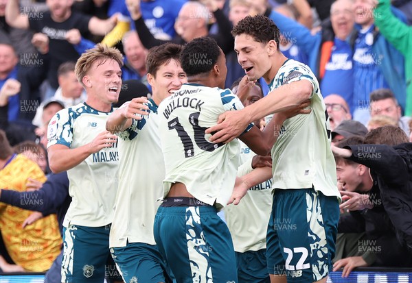 130925 - Stockport County v Cardiff City - Sky Bet League 1 - Yousef Saleh of Cardiff celebrates scoring the equaliser in the last seconds of the match with Chris Willock of Cardiff and Rubin Colwill of Cardiff 
