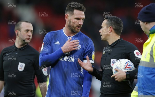 220220 - Stoke City v Cardiff City - Sky Bet Championship - Sean Morrison of Cardiff has words with referee Dean Whitestone at the end of the match   