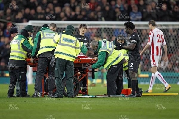 021217 - Stoke City v Swansea City, Premier League - Bruno Martins Indi of Stoke City leaves the pitch on a stretcher after sustaining an injury