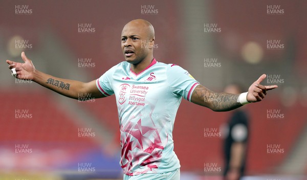 030321 - Stoke City v Swansea City - Sky Bet Championship - Andre Ayew of Swansea questions a linesman’s decision