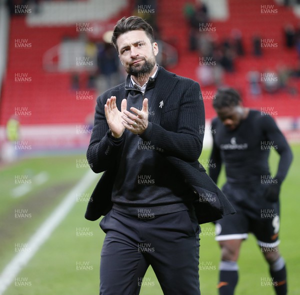 080222 - Stoke City v Swansea City - Sky Bet Championship - Head Coach Russell Martin  of Swansea applauds the fans at full time