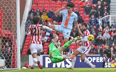131225 - Stoke City v Swansea City - Sky Bet Championship - Goalkeeper Viktor Johansson of Stoke  makes a spectacular save from Marko Stamenic of Swansea in the 1st half with Tatsuki Seko of Stoke back up