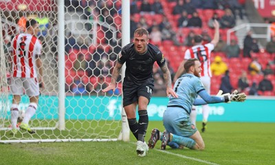 150225 - Stoke City v Swansea City - Sky Bet Championship - Josh Tymon of Swansea celebrates scoring the first goal of the match