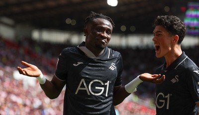 150826 - Stoke City v Swansea City, EFL Sky Bet Championship - Joseph Opoku of Swansea City celebrates after scoring goal