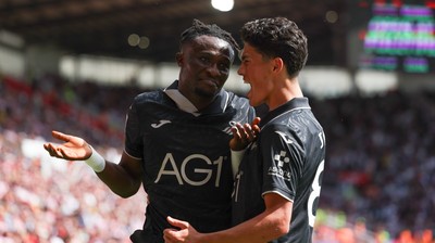 150826 - Stoke City v Swansea City, EFL Sky Bet Championship - Joseph Opoku of Swansea City celebrates with Elijah Just of Swansea City after scoring goal