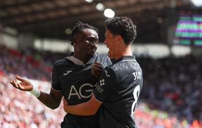 150826 - Stoke City v Swansea City, EFL Sky Bet Championship - Joseph Opoku of Swansea City celebrates with Elijah Just of Swansea City after scoring goal