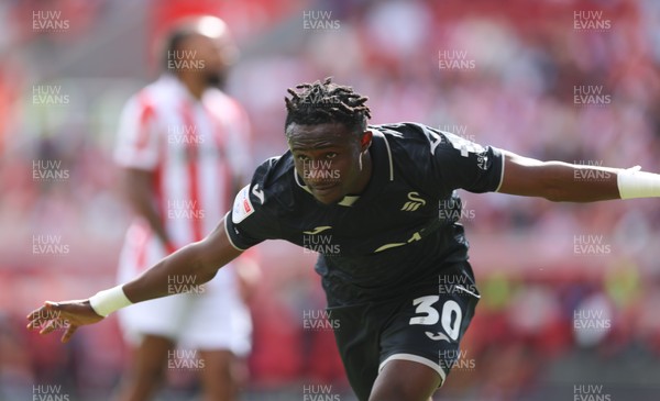 150826 - Stoke City v Swansea City, EFL Sky Bet Championship - Joseph Opoku of Swansea City celebrates after scoring goal
