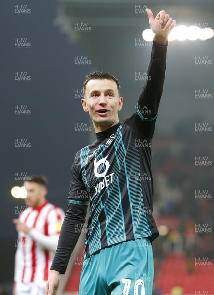 250120 - Stoke City v Swansea City - Sky Bet Championship - Besant Celina of Swansea waves to a fan in the crowd at the end of the match   