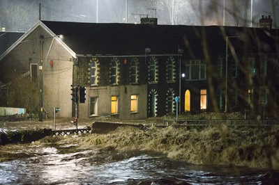 160220 - Picture shows the River Taff at Pontypridd, South Wales, Near Cardiff which has flooded its banks and peoples homes in the town