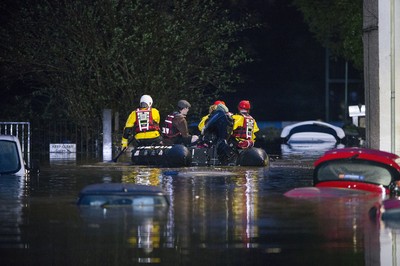 160220 - Picture shows the River Taff at Pontypridd, South Wales, Near Cardiff which has flooded peoples homes as Storm Dennis hits the region