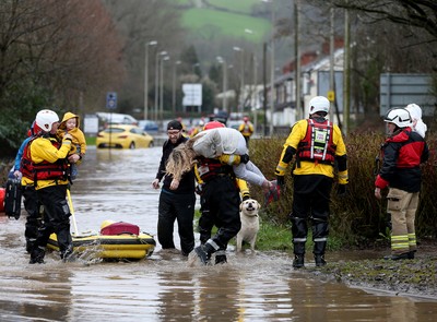 160220 -  Emergency services rescue residents and their pets from flooding caused by Storm Dennis in Treforest, South Wales