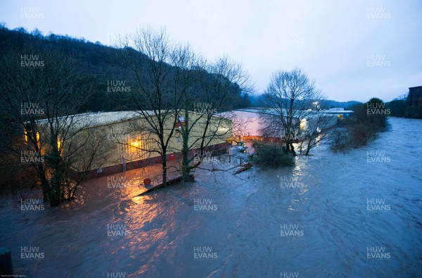 160220 - The Royal Mail sorting office and other industrial units at Taffs Well north of Cardiff in south Wales are flooded as the River Taff bursts it's banks from the effects of storm Dennis