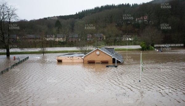 160220 -  The nursery and bowls club alongside the River Taff at Taffs Well north of Cardiff in south Wales are submerged as the the river bursts it's banks from the effects of storm Dennis