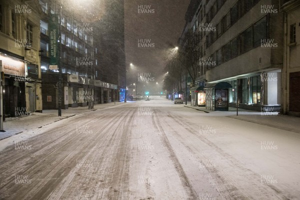 010318 - Storm Emma, Cardiff - Usually busy streets in Cardiff city centre are virtually deserted in the early evening as storm Emma hits south Wales and the South West