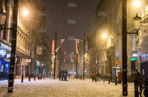 010318 - Storm Emma, Cardiff - Usually busy streets in Cardiff city centre are virtually deserted in the early evening as pedestrians make their way home while storm Emma hits south Wales and the South West