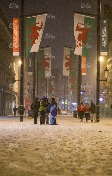 010318 - Storm Emma, Cardiff - Usually busy streets in Cardiff city centre are virtually deserted in the early evening as pedestrians make their way home while storm Emma hits south Wales and the South West