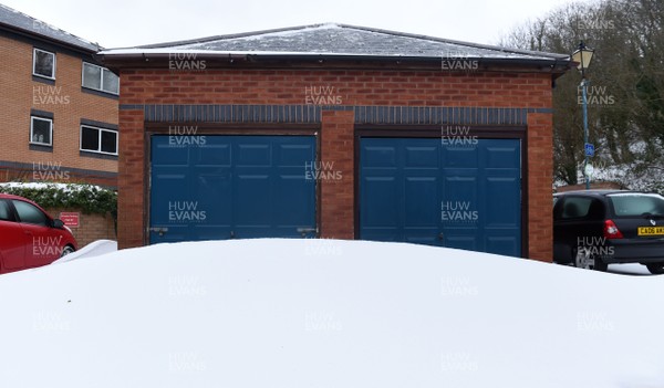 020318 - Weather - A garage door blocked by snow in Penarth near Cardiff, South Wales after being hit by Storm Emma