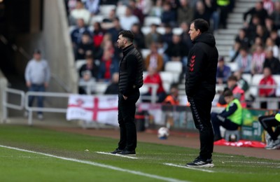 080325 - Sunderland v Cardiff City - Sky Bet Championship - Sunderland head coach Regis Le Bris and Cardiff City manager Omer Riza