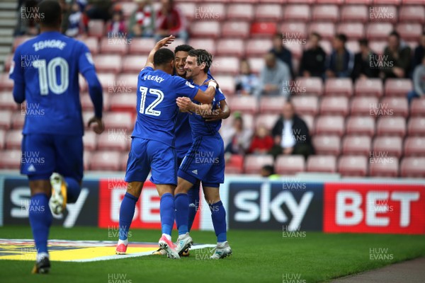 230917 - Sunderland v Cardiff City - Sky Bet Championship - Craig Bryson of Cardiff City celebrates with team mates after putting his side 1-0 up