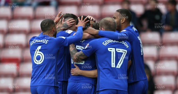 230917 - Sunderland v Cardiff City - Sky Bet Championship - Craig Bryson of Cardiff City celebrates with team mates after putting his side 1-0 up