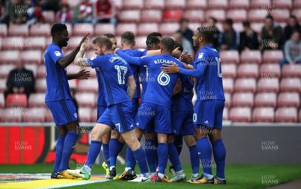 230917 - Sunderland v Cardiff City - Sky Bet Championship - Craig Bryson of Cardiff City celebrates with team mates after putting his side 1-0 up