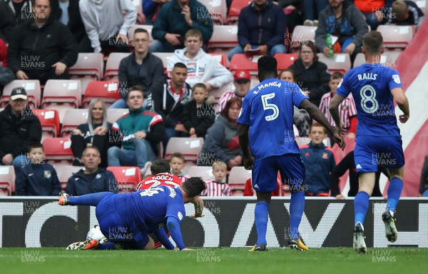 230917 - Sunderland v Cardiff City - Sky Bet Championship - Sean Morrison of Cardiff City brings down Lynden Gooch of Sunderland in the penalty area