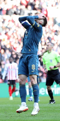 240224 - Sunderland v Swansea City - Sky Bet Championship - Matt Grimes of Swansea reacts to missing an open goal