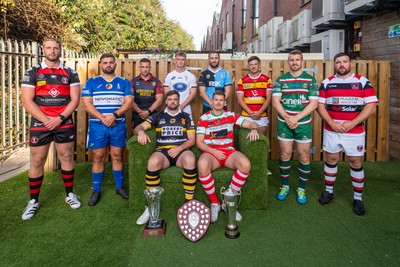 260826 - Super Rygbi Cymru Launch - Rhys Thomas (Aberavon), Corey Lewis (Bridgend), Billy McBryde (RGC), Ben Roach (Newport), Josh Phillips (Swansea), Joe Powell (Llandovery), Craig Hudd (Cardiff), Shaun Evans (Carmarthen Quins), Jonathan Evans (Ebbw Vale) and Scott Matthews (Pontypool)