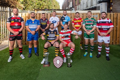 260826 - Super Rygbi Cymru Launch - Rhys Thomas (Aberavon), Corey Lewis (Bridgend), Billy McBryde (RGC), Ben Roach (Newport), Josh Phillips (Swansea), Joe Powell (Llandovery), Craig Hudd (Cardiff), Shaun Evans (Carmarthen Quins), Jonathan Evans (Ebbw Vale) and Scott Matthews (Pontypool)