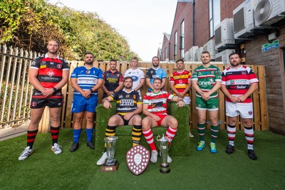 260826 - Super Rygbi Cymru Launch - Rhys Thomas (Aberavon), Corey Lewis (Bridgend), Billy McBryde (RGC), Ben Roach (Newport), Josh Phillips (Swansea), Joe Powell (Llandovery), Craig Hudd (Cardiff), Shaun Evans (Carmarthen Quins), Jonathan Evans (Ebbw Vale) and Scott Matthews (Pontypool)