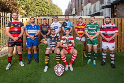 260826 - Super Rygbi Cymru Launch - Rhys Thomas (Aberavon), Corey Lewis (Bridgend), Billy McBryde (RGC), Ben Roach (Newport), Josh Phillips (Swansea), Joe Powell (Llandovery), Craig Hudd (Cardiff), Shaun Evans (Carmarthen Quins), Jonathan Evans (Ebbw Vale) and Scott Matthews (Pontypool)