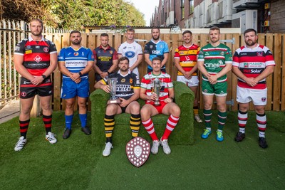 260826 - Super Rygbi Cymru Launch - Rhys Thomas (Aberavon), Corey Lewis (Bridgend), Billy McBryde (RGC), Ben Roach (Newport), Josh Phillips (Swansea), Joe Powell (Llandovery), Craig Hudd (Cardiff), Shaun Evans (Carmarthen Quins), Jonathan Evans (Ebbw Vale) and Scott Matthews (Pontypool)