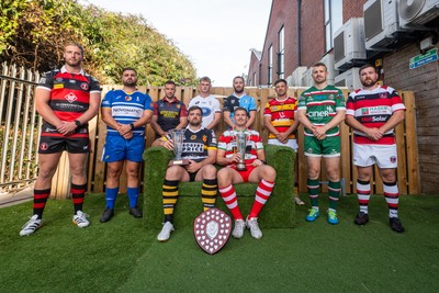 260826 - Super Rygbi Cymru Launch - Rhys Thomas (Aberavon), Corey Lewis (Bridgend), Billy McBryde (RGC), Ben Roach (Newport), Josh Phillips (Swansea), Joe Powell (Llandovery), Craig Hudd (Cardiff), Shaun Evans (Carmarthen Quins), Jonathan Evans (Ebbw Vale) and Scott Matthews (Pontypool)