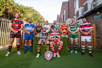 260826 - Super Rygbi Cymru Launch - Rhys Thomas (Aberavon), Corey Lewis (Bridgend), Billy McBryde (RGC), Ben Roach (Newport), Josh Phillips (Swansea), Joe Powell (Llandovery), Craig Hudd (Cardiff), Shaun Evans (Carmarthen Quins), Jonathan Evans (Ebbw Vale) and Scott Matthews (Pontypool)