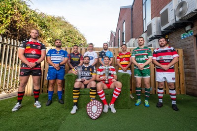 260826 - Super Rygbi Cymru Launch - Rhys Thomas (Aberavon), Corey Lewis (Bridgend), Billy McBryde (RGC), Ben Roach (Newport), Josh Phillips (Swansea), Joe Powell (Llandovery), Craig Hudd (Cardiff), Shaun Evans (Carmarthen Quins), Jonathan Evans (Ebbw Vale) and Scott Matthews (Pontypool)