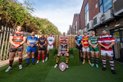 260826 - Super Rygbi Cymru Launch - Rhys Thomas (Aberavon), Corey Lewis (Bridgend), Billy McBryde (RGC), Ben Roach (Newport), Josh Phillips (Swansea), Joe Powell (Llandovery), Craig Hudd (Cardiff), Shaun Evans (Carmarthen Quins), Jonathan Evans (Ebbw Vale) and Scott Matthews (Pontypool)