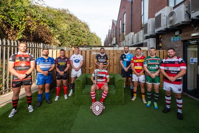 260826 - Super Rygbi Cymru Launch - Rhys Thomas (Aberavon), Corey Lewis (Bridgend), Billy McBryde (RGC), Ben Roach (Newport), Josh Phillips (Swansea), Joe Powell (Llandovery), Craig Hudd (Cardiff), Shaun Evans (Carmarthen Quins), Jonathan Evans (Ebbw Vale) and Scott Matthews (Pontypool)