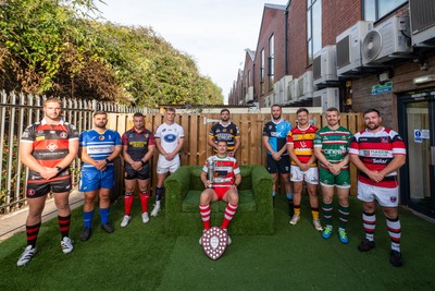260826 - Super Rygbi Cymru Launch - Rhys Thomas (Aberavon), Corey Lewis (Bridgend), Billy McBryde (RGC), Ben Roach (Newport), Josh Phillips (Swansea), Joe Powell (Llandovery), Craig Hudd (Cardiff), Shaun Evans (Carmarthen Quins), Jonathan Evans (Ebbw Vale) and Scott Matthews (Pontypool)