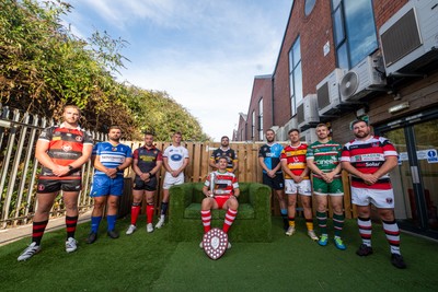 260826 - Super Rygbi Cymru Launch - Rhys Thomas (Aberavon), Corey Lewis (Bridgend), Billy McBryde (RGC), Ben Roach (Newport), Josh Phillips (Swansea), Joe Powell (Llandovery), Craig Hudd (Cardiff), Shaun Evans (Carmarthen Quins), Jonathan Evans (Ebbw Vale) and Scott Matthews (Pontypool)
