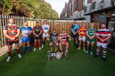 260826 - Super Rygbi Cymru Launch - Rhys Thomas (Aberavon), Corey Lewis (Bridgend), Billy McBryde (RGC), Ben Roach (Newport), Josh Phillips (Swansea), Joe Powell (Llandovery), Craig Hudd (Cardiff), Shaun Evans (Carmarthen Quins), Jonathan Evans (Ebbw Vale) and Scott Matthews (Pontypool)