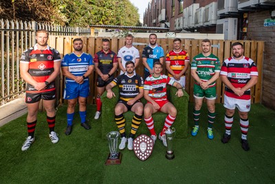260826 - Super Rygbi Cymru Launch - Rhys Thomas (Aberavon), Corey Lewis (Bridgend), Billy McBryde (RGC), Ben Roach (Newport), Josh Phillips (Swansea), Joe Powell (Llandovery), Craig Hudd (Cardiff), Shaun Evans (Carmarthen Quins), Jonathan Evans (Ebbw Vale) and Scott Matthews (Pontypool)