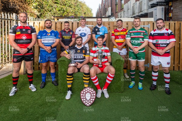 260826 - Super Rygbi Cymru Launch - Rhys Thomas (Aberavon), Corey Lewis (Bridgend), Billy McBryde (RGC), Ben Roach (Newport), Josh Phillips (Swansea), Joe Powell (Llandovery), Craig Hudd (Cardiff), Shaun Evans (Carmarthen Quins), Jonathan Evans (Ebbw Vale) and Scott Matthews (Pontypool)