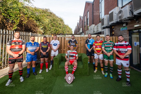 260826 - Super Rygbi Cymru Launch - Rhys Thomas (Aberavon), Corey Lewis (Bridgend), Billy McBryde (RGC), Ben Roach (Newport), Josh Phillips (Swansea), Joe Powell (Llandovery), Craig Hudd (Cardiff), Shaun Evans (Carmarthen Quins), Jonathan Evans (Ebbw Vale) and Scott Matthews (Pontypool)