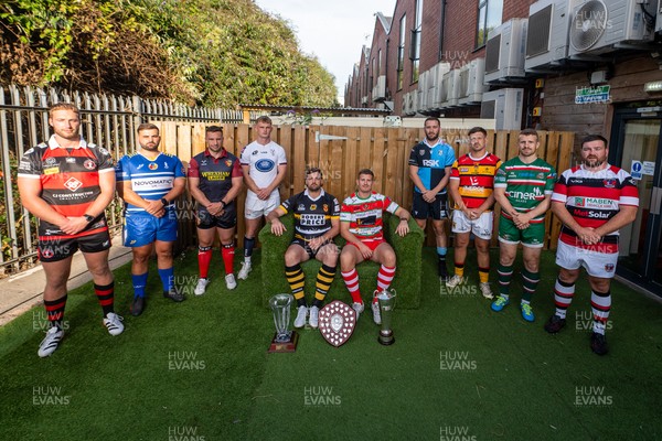 260826 - Super Rygbi Cymru Launch - Rhys Thomas (Aberavon), Corey Lewis (Bridgend), Billy McBryde (RGC), Ben Roach (Newport), Josh Phillips (Swansea), Joe Powell (Llandovery), Craig Hudd (Cardiff), Shaun Evans (Carmarthen Quins), Jonathan Evans (Ebbw Vale) and Scott Matthews (Pontypool)